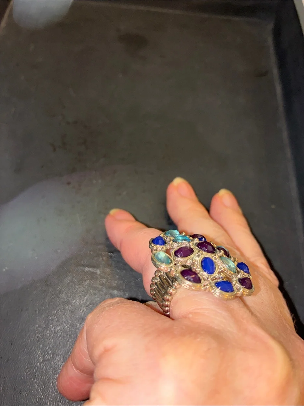 Multicolor Cluster Cocktail Stretch Ring in Blue, Teal & Purple